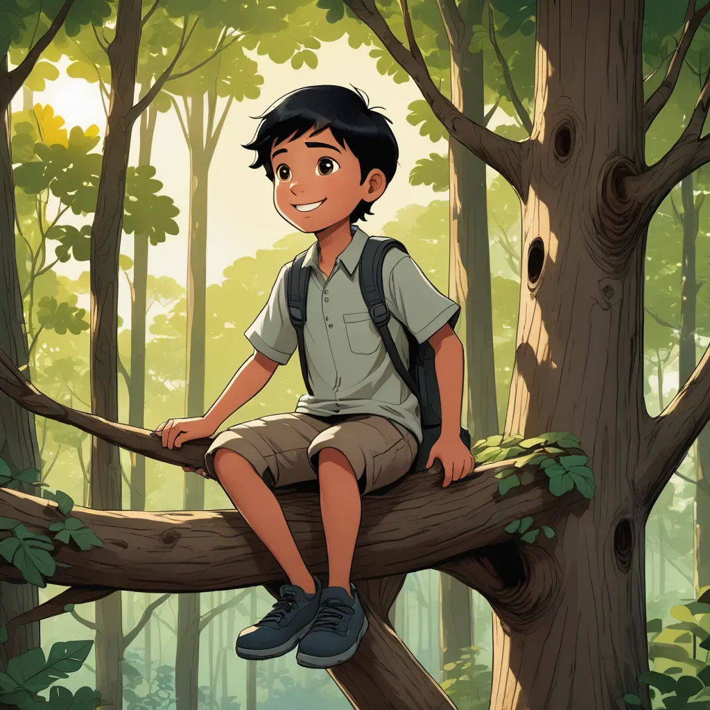 a boy sitting on a tree branch in a forest with a backpack on his back and a backpack on his shoulder, sots art, a storybook illustration, Diego Gisbert Llorens, promotional image
