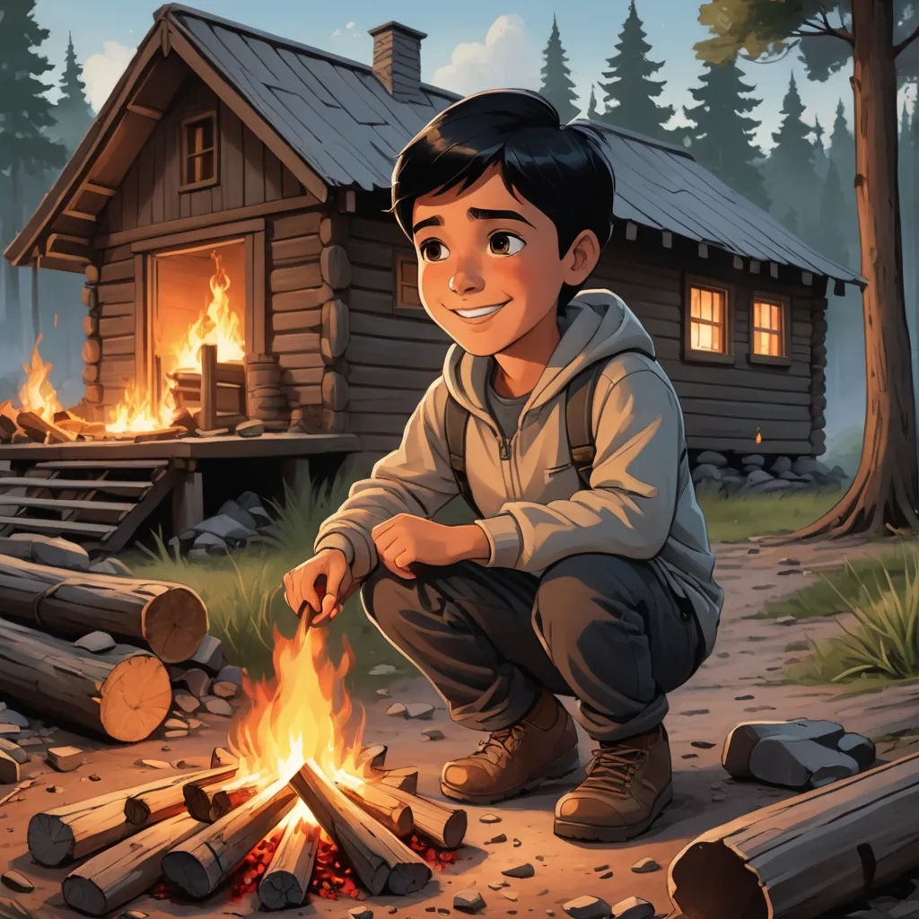 a boy sitting on a log next to a fire in a forest with a log cabin in the background, sots art, a storybook illustration, Chris LaBrooy, promotional image