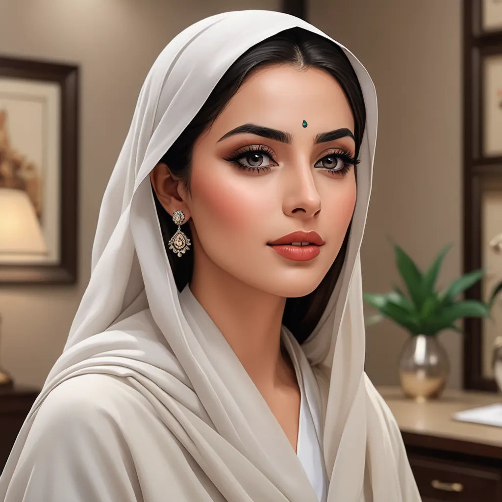a woman with a white veil and a white dress and earrings on her head and a potted plant in the background, qajar art, a photorealistic painting, Amir Zand, highly detailed digital painting
