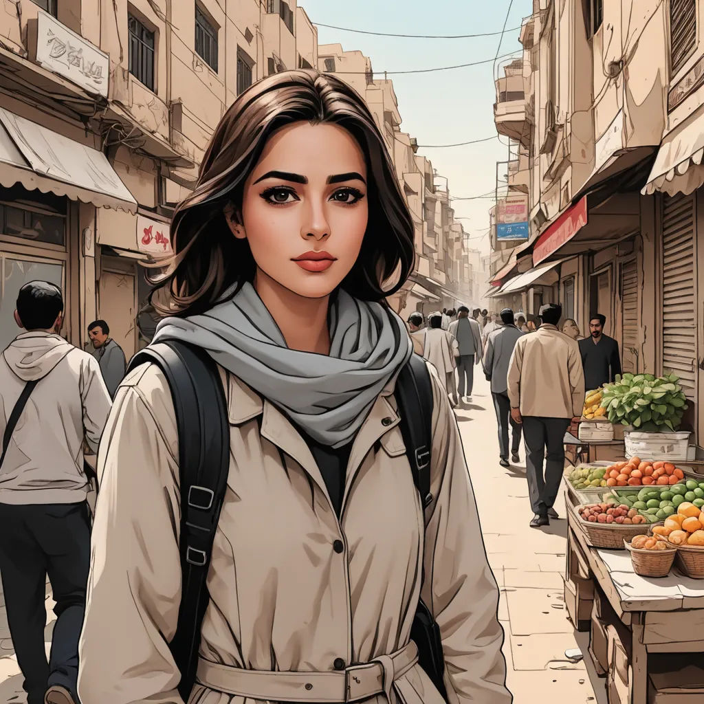 a woman in a trench coat is standing in a street market with a lot of fruit and vegetables on display, serial art, a comic book panel, Alena Aenami, graphic novel