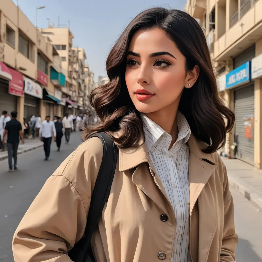 a woman in a trench coat is standing on a street corner with a backpack on her shoulder and a man in a suit and tie is walking behind her, aestheticism, a picture, Elina Karimova, pretty