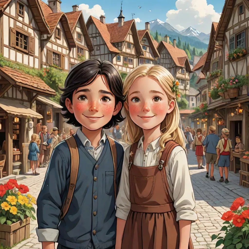 a couple of people standing next to each other in front of a building with flowers on it and a mountain in the background, american scene painting, a storybook illustration, Bob Byerley, official art