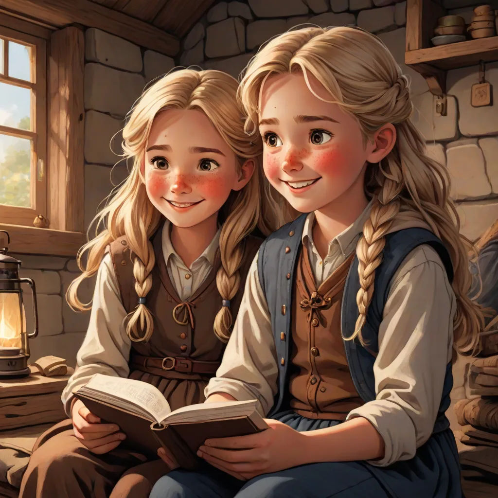 two girls sitting on a bench reading a book together, with a lantern in the background and a window in the background, fantasy art, a storybook illustration, Brothers Hildebrandt, official art