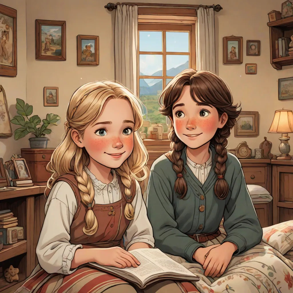 two girls sitting on a bed with a book in their hands and a window in the background with a mountain view, german romanticism, a storybook illustration, Anne Said, cushart krenz