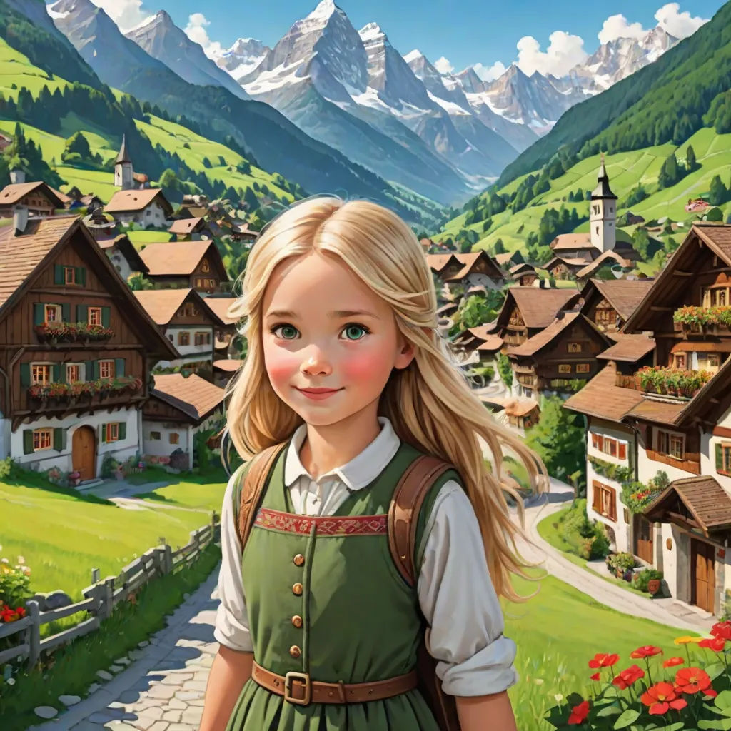 a painting of a girl in a green dress standing in front of a village with mountains in the background, fantasy art, a detailed matte painting, Bob Byerley, kinkade