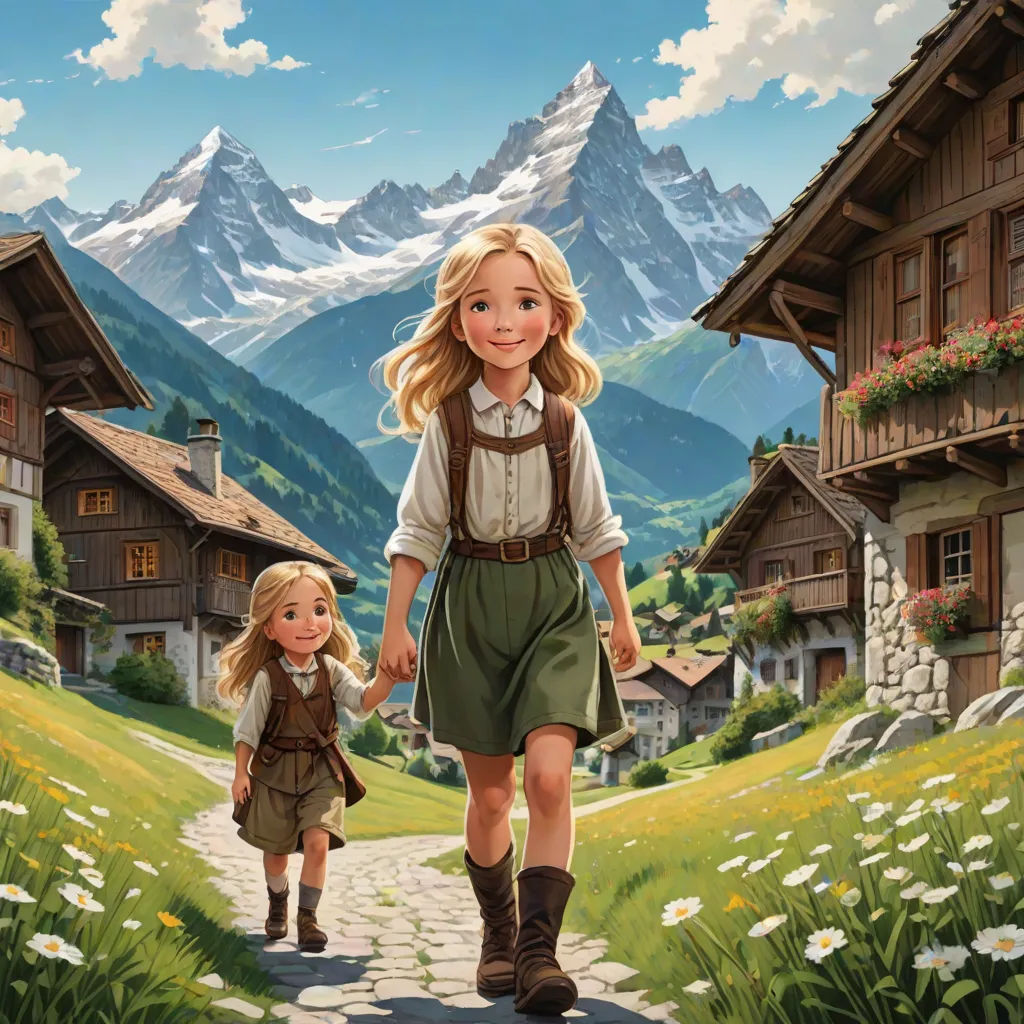 a painting of a girl and a girl walking down a path in front of a mountain village with a mountain range in the background, german romanticism, a storybook illustration, Brothers Hildebrandt, official art