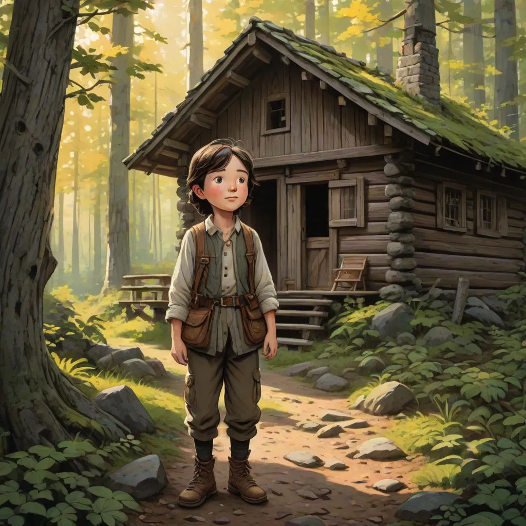 a painting of a boy standing in front of a cabin in the woods with a dog nearby and a dog on the ground, american scene painting, a storybook illustration, Diego Gisbert Llorens, storybook illustration