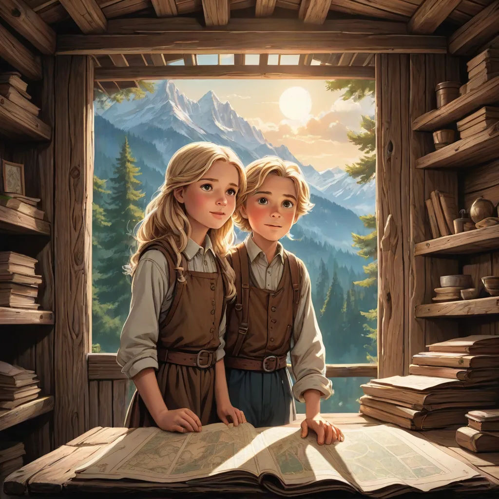 two children standing in front of a window with a book open in front of them and a mountain view, fantasy art, a storybook illustration, Brothers Hildebrandt, storybook illustration