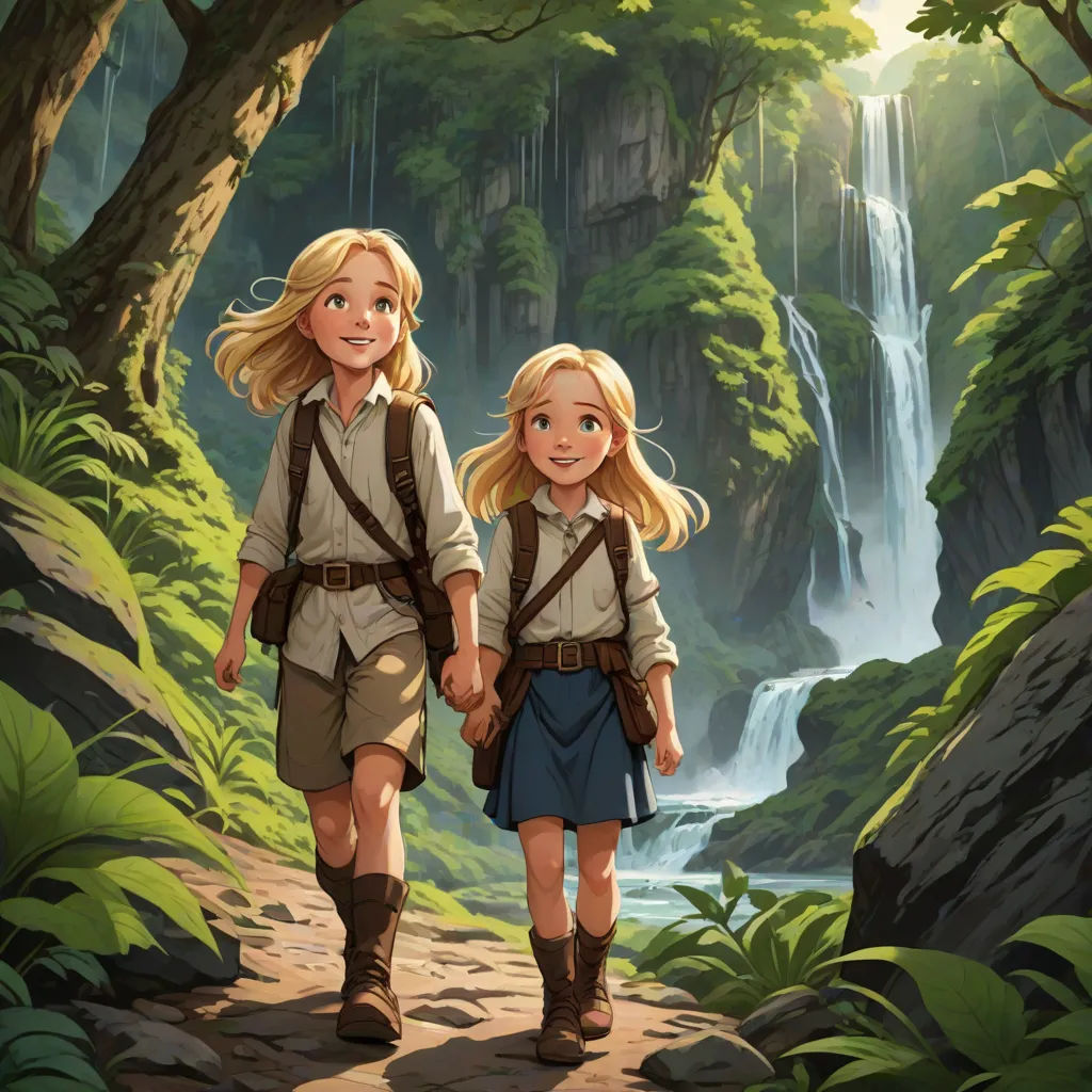 a couple of kids walking down a forest path holding hands and looking at the camera with a waterfall in the background, fantasy art, a storybook illustration, Brothers Hildebrandt, cushart krenz