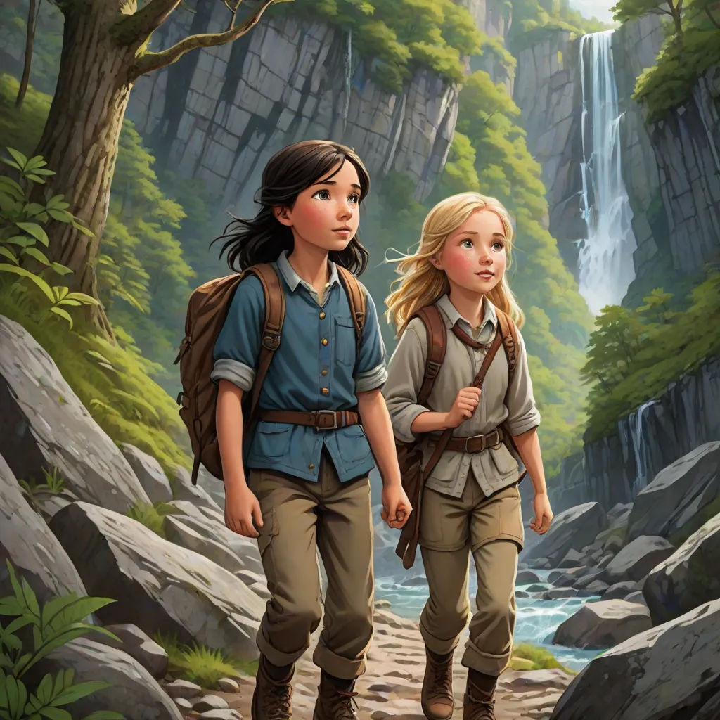 a painting of two children walking in the woods near a waterfall and waterfall with a waterfall in the background, fantasy art, a storybook illustration, Aaron Jasinski, official art