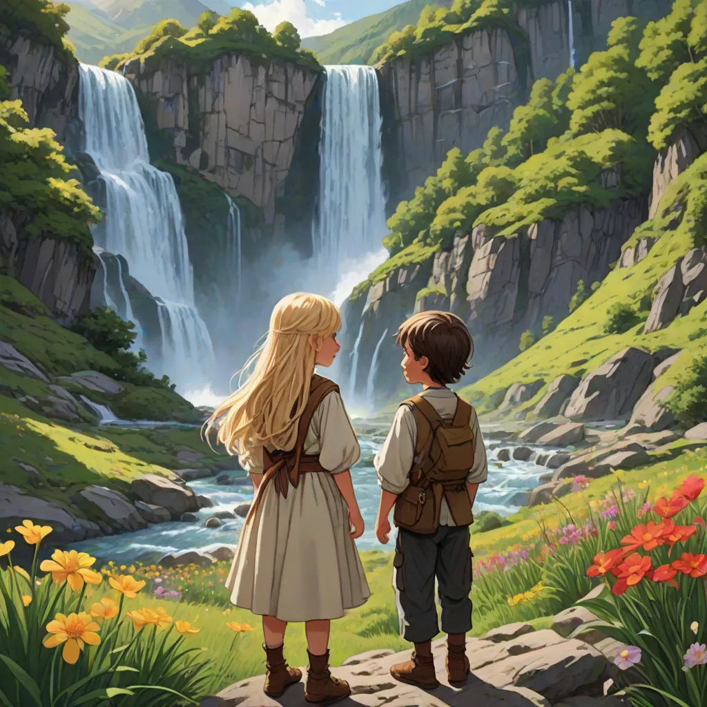 a boy and a girl looking at a waterfall in the mountains with flowers in the foreground and a waterfall in the background, fantasy art, a storybook illustration, Brothers Hildebrandt, official art