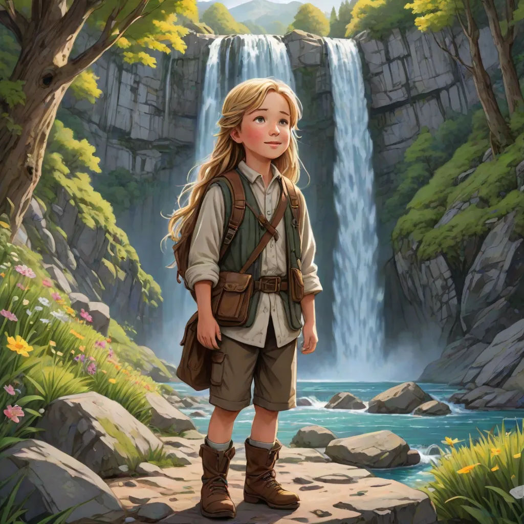 a painting of a girl standing in front of a waterfall with a backpack on her back and a waterfall in the background, fantasy art, a storybook illustration, Aaron Jasinski, official art