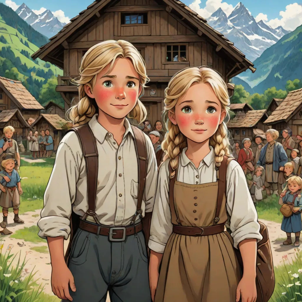 a painting of two children standing in front of a village with a crowd of people in the background and a mountain range in the background, remodernism, a storybook illustration, Brothers Hildebrandt, official art