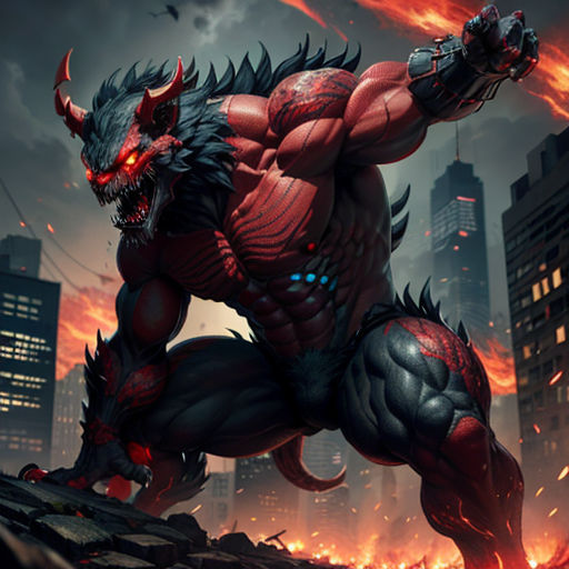 a demonic demon with red eyes and a huge body in front of a city skyline with flames and smoke
