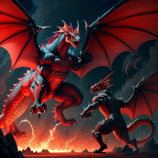 two red dragon statues in a dark sky with lightning behind them, one of them is facing the other