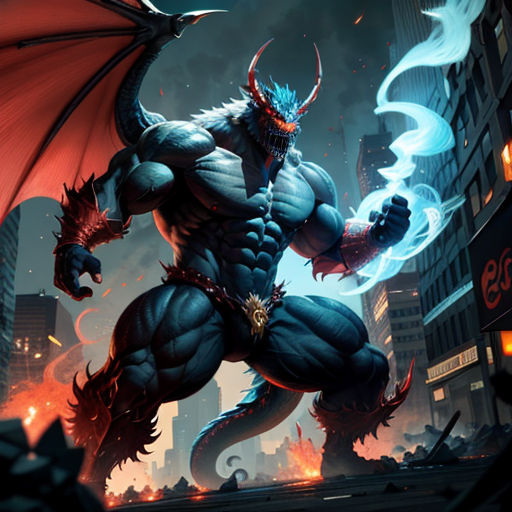 a demonic demon with a huge red cape and a blue body, standing in a city street with buildings and a fire