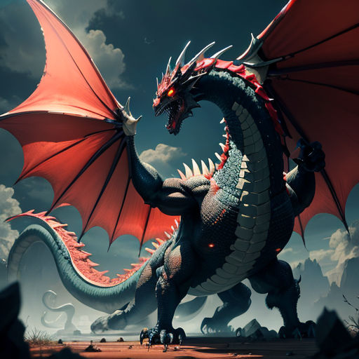 a red dragon with a black head and tail is standing in a desert area with clouds and a full moon