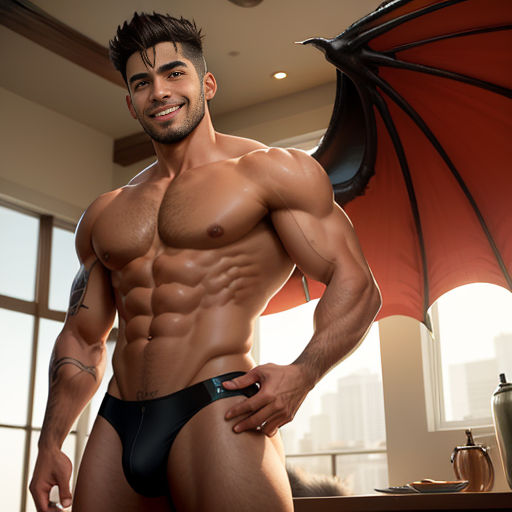 a man with a dragon wing on his chest and a shirtless torso, standing in a room with a large window