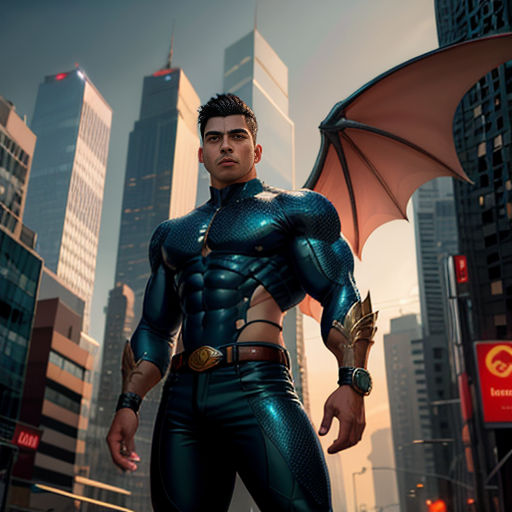 a man in a blue suit standing in a city with a bat on his shoulder and a cityscape in the background