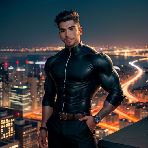 a man in a black suit standing on a rooftop at night with a city skyline in the background and a street light in the foreground