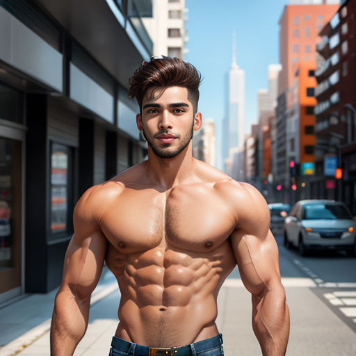 a man with a shirt on standing on a street corner with his shirt off and his shirt off, with a city in the background
