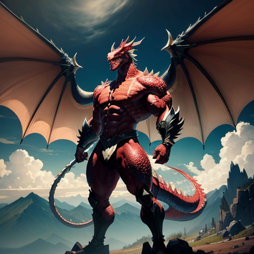 a red dragon standing on top of a hill next to a mountain range with a sky background and clouds