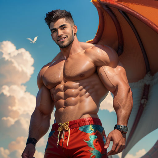 a man with a dragon wing on his chest and a dragon wing on his chest, standing in front of a blue sky