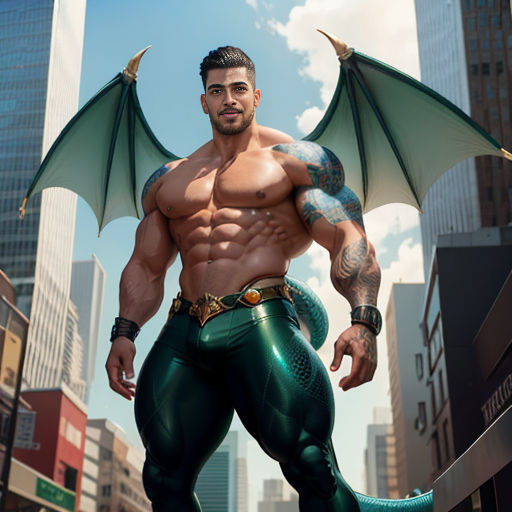a man with a dragon like body and a huge green dragon like body, standing in a city street