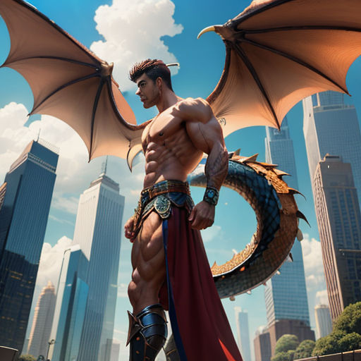 a man with a dragon like body and a huge dragon like head is standing in front of a city