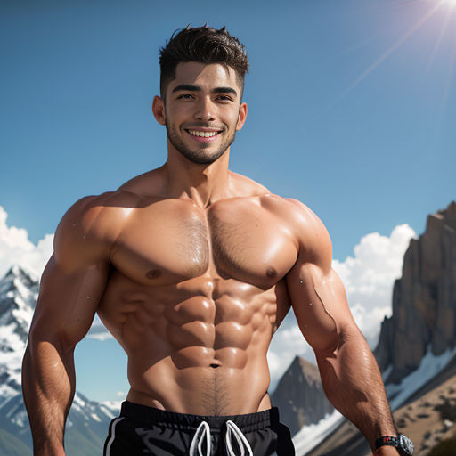 a man with a muscular body standing in front of a mountain range with his hands on his hips and smiling