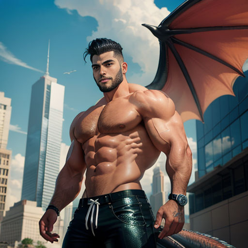 a man with a dragon like body and a huge red dragon wing on his shoulder, standing in front of a cityscape