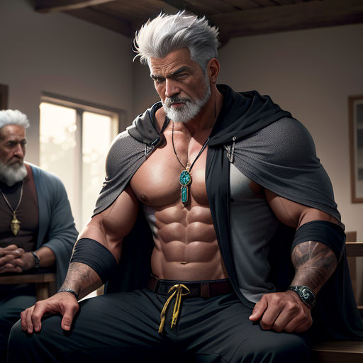 a man with a beard and a beard sitting on a bench next to another man with a beard and a beard