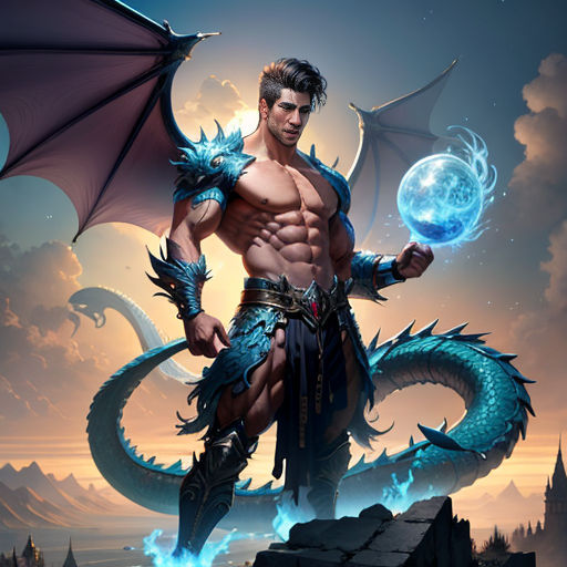 a man with a dragon on his back holding a ball in his hand and a dragon on his arm