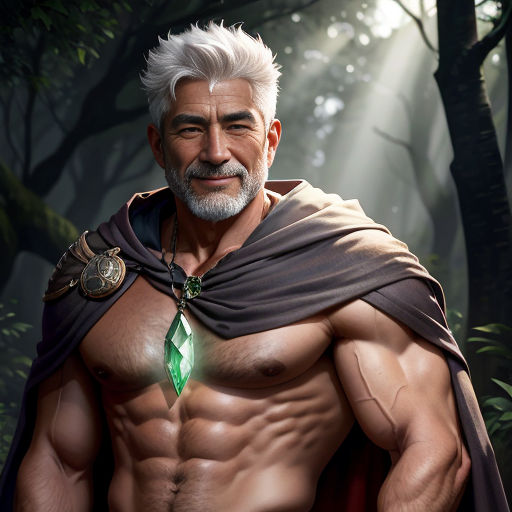 a man with a cape and a green jewel on his chest in a forest with trees and a light shining through the leaves