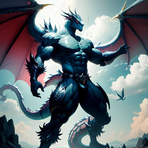 a dragon with a sword in its hand standing on a rock formation with a sky background and clouds in the background
