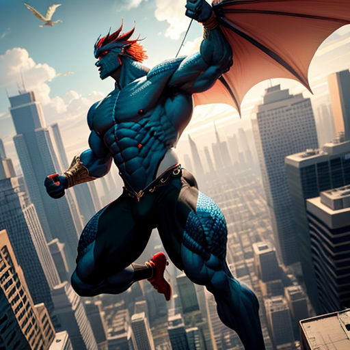 a man in a blue costume is flying over a city with a red dragon on his shoulder and a sword in his hand