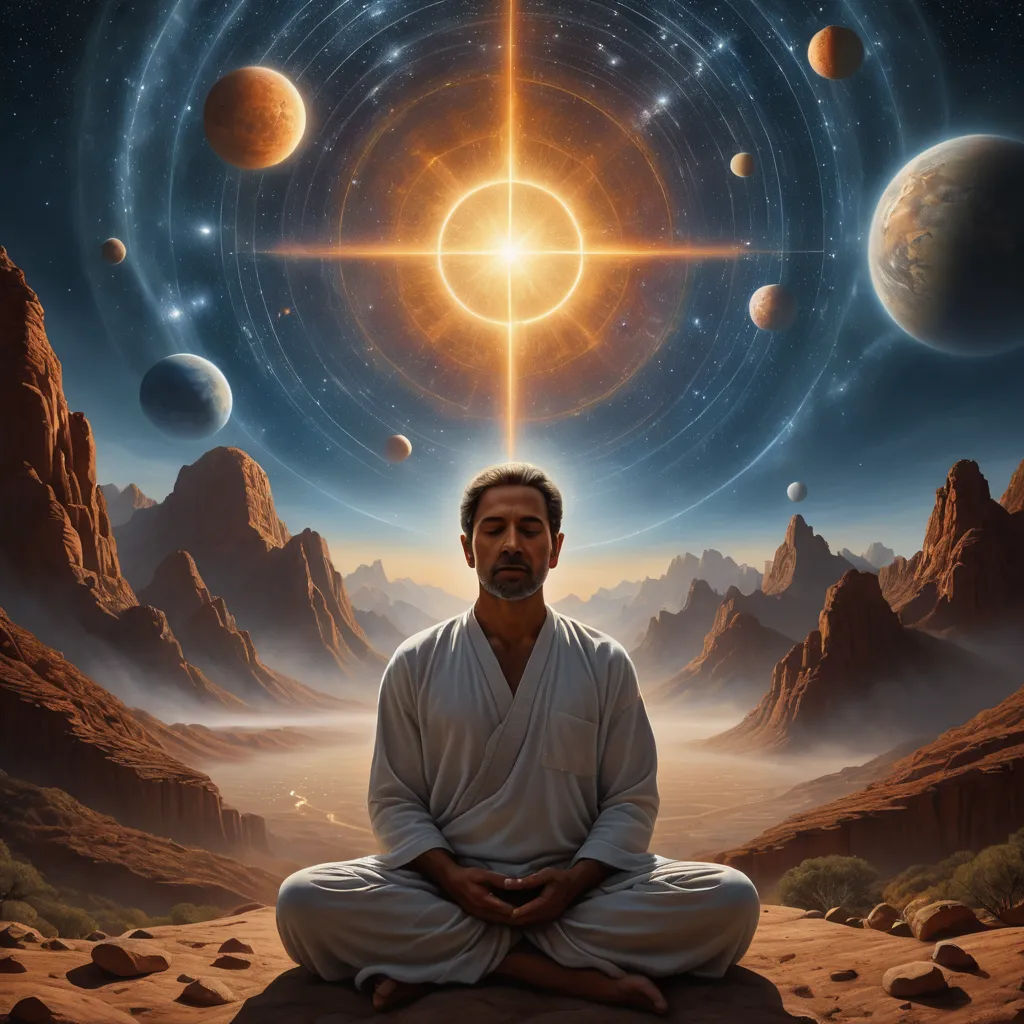 a man sitting in a meditation position in front of a solar system with planets and stars in the background, space art, digital art, Alex Grey, sacred geometry