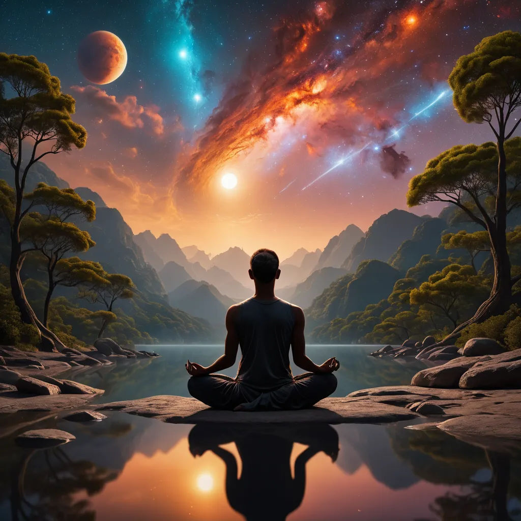 a man sitting in a lotus position in front of a lake with a mountain and a sky filled with stars, fantasy art, a detailed matte painting, David A Hardy, tranquil
