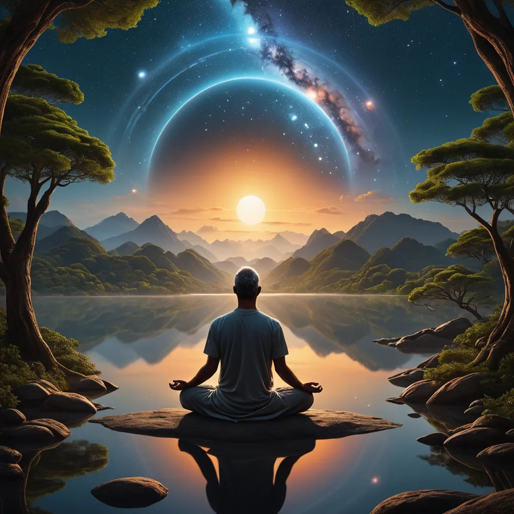 a man sitting in a lotus position in front of a lake with a view of the sky and stars, psychedelic art, digital art, David A Hardy, tranquil