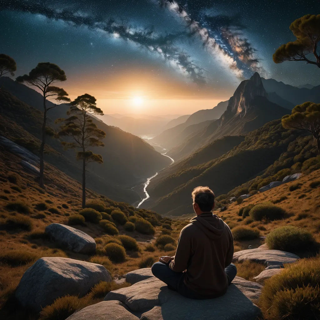 a man sitting on a rock looking at the sky and stars above him and a river running through the valley, naturalism, a matte painting, Filip Hodas, sense of awe