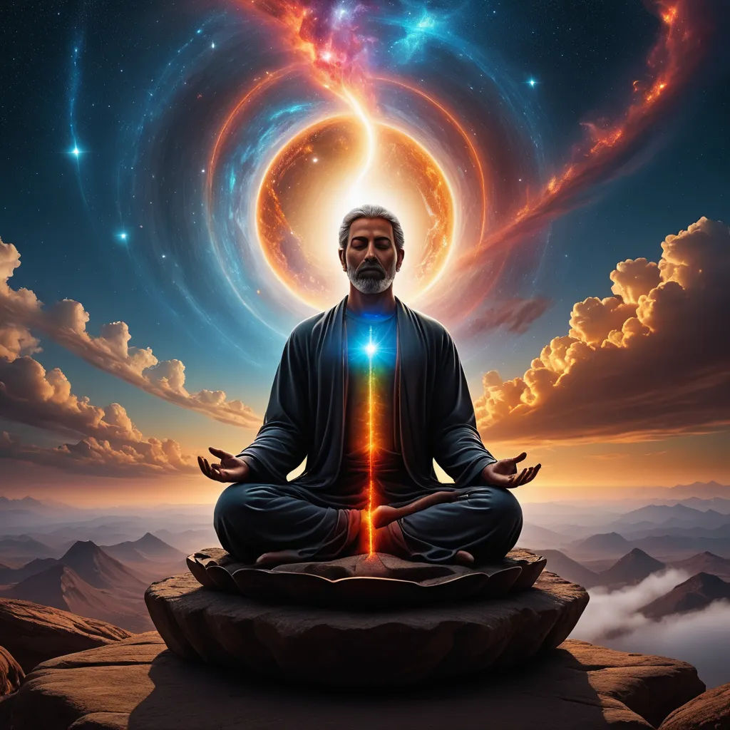 a man sitting in a meditation position with a bright light in the middle of the picture and a spiral of stars in the sky, psychedelic art, digital art, Alex Grey, professional digital painting