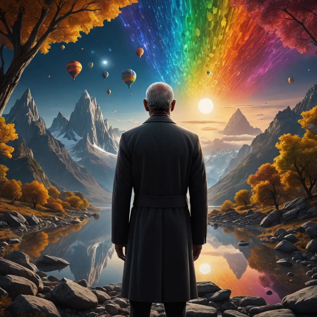 a man standing in front of a rainbow filled sky with balloons flying above him and a rainbow in the sky, fantasy art, an ultrafine detailed painting, Barclay Shaw, fantasy artwork