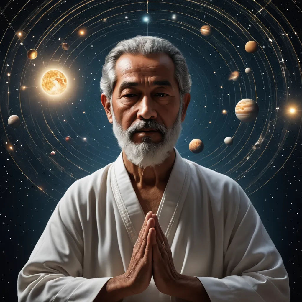 a man in a white robe is standing in front of a solar system with planets and stars around him, space art, a stock photo, ESAO, space