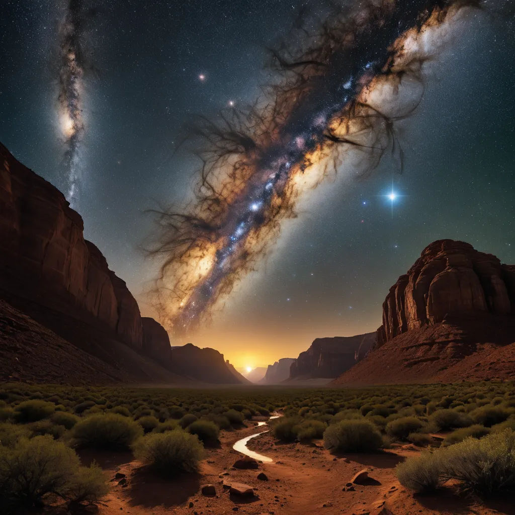 a very long and strange looking object in the sky above a desert landscape with a stream of water running through it, space art, a detailed matte painting, David Martin, night sky