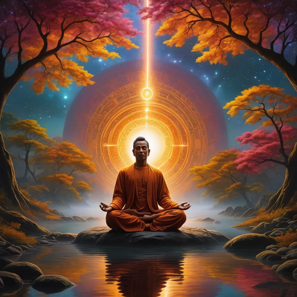 a man sitting in a lotus position in front of a body of water with a bright light shining in the background, psychedelic art, a detailed painting, Alex Grey, centered