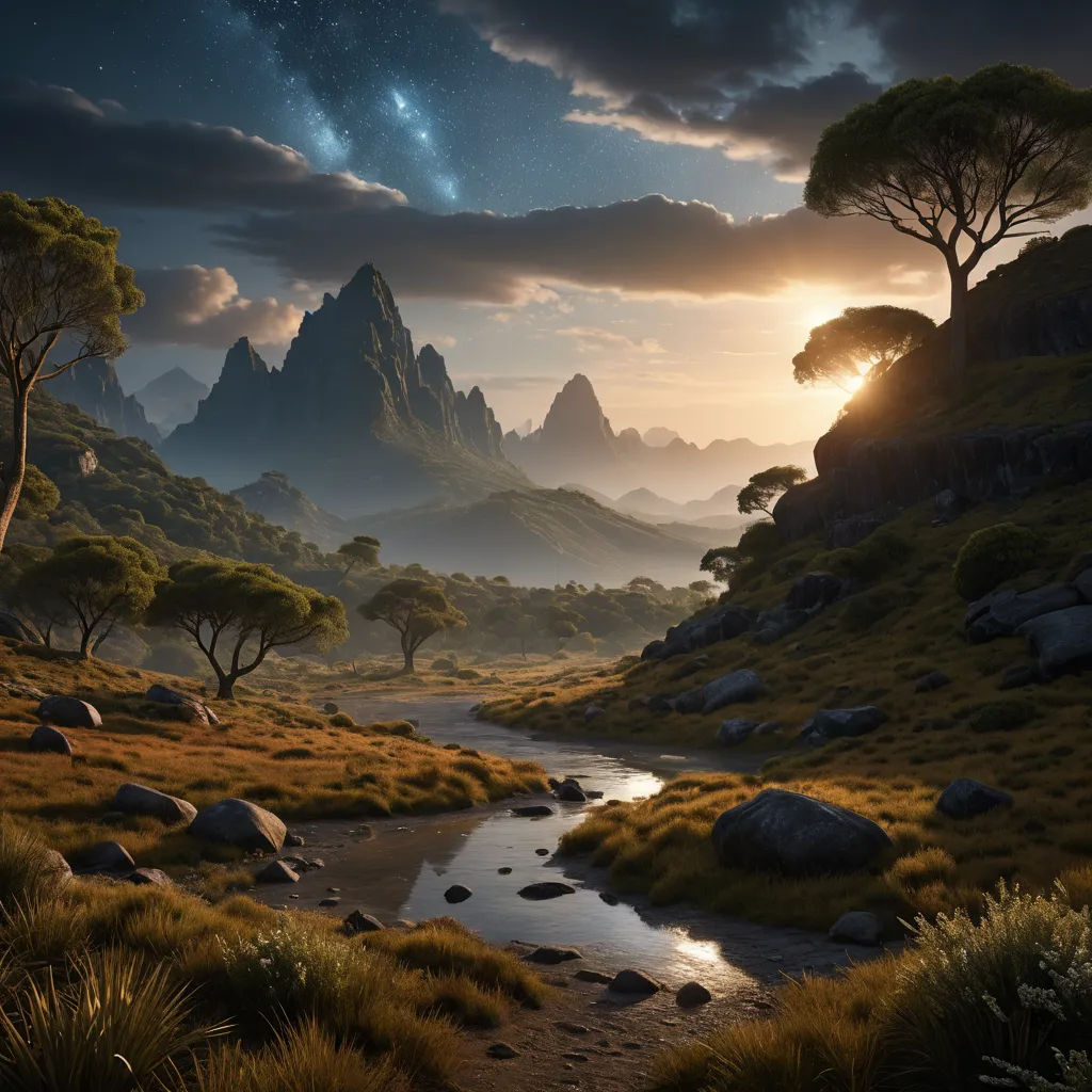 a painting of a mountain landscape with a stream running through it and trees on the side of the mountain, fantasy art, a matte painting, Chris LaBrooy, unreal 5