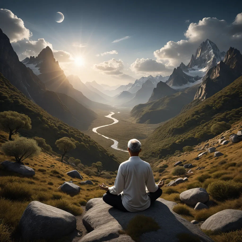 a man sitting on a rock in the middle of a mountain range with a river running through it and a mountain range in the background, art photography, a matte painting, Filip Hodas, award - winning photo