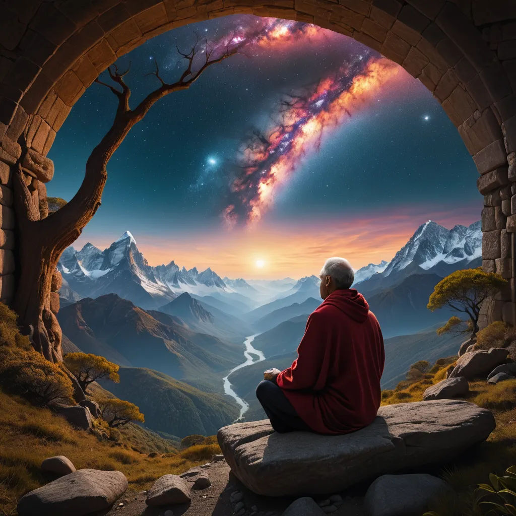 a man sitting on a rock looking out at a mountain valley with a galaxy in the sky above him, fantasy art, a detailed matte painting, Chris LaBrooy, fantasy artwork