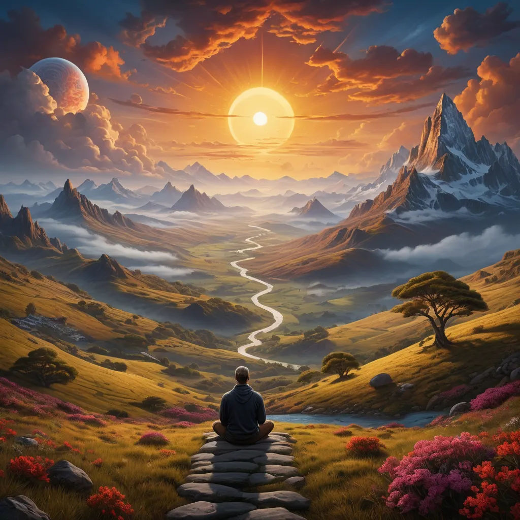 a painting of a man sitting on a rock looking at a mountain valley with a river running through it, fantasy art, a detailed matte painting, Christophe Vacher, fantasy artwork