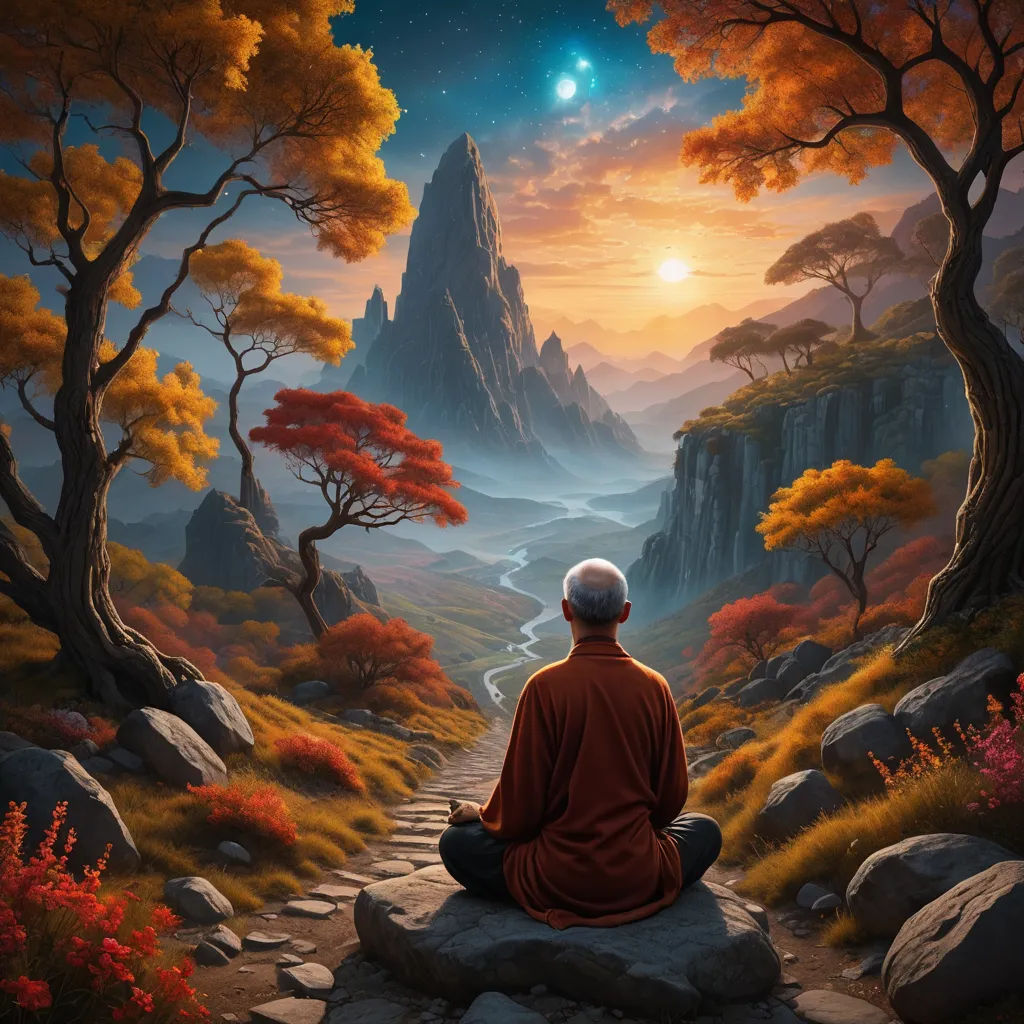 a painting of a monk sitting on a rock looking at a mountain stream and a full moon in the sky, fantasy art, a detailed matte painting, Christophe Vacher, tranquil